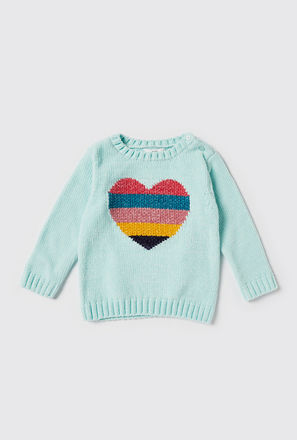 Heart Print Chennile Sweater with Long Sleeves