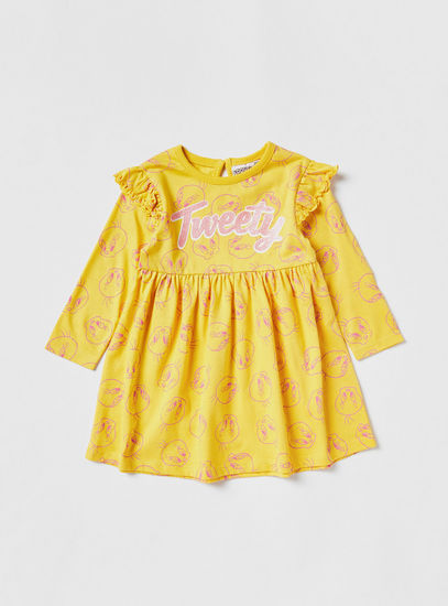 Tweety Print Crew Neck Dress with Long Sleeves and Ruffle Detail