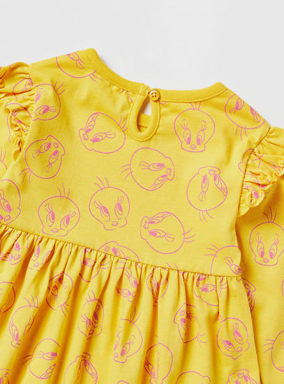 Tweety Print Crew Neck Dress with Long Sleeves and Ruffle Detail