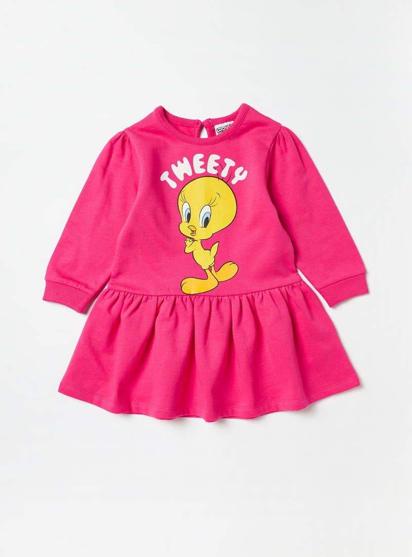 Tweety Print Sweat Dress with Long Sleeves and Button Closure-Casual Dresses-image-0