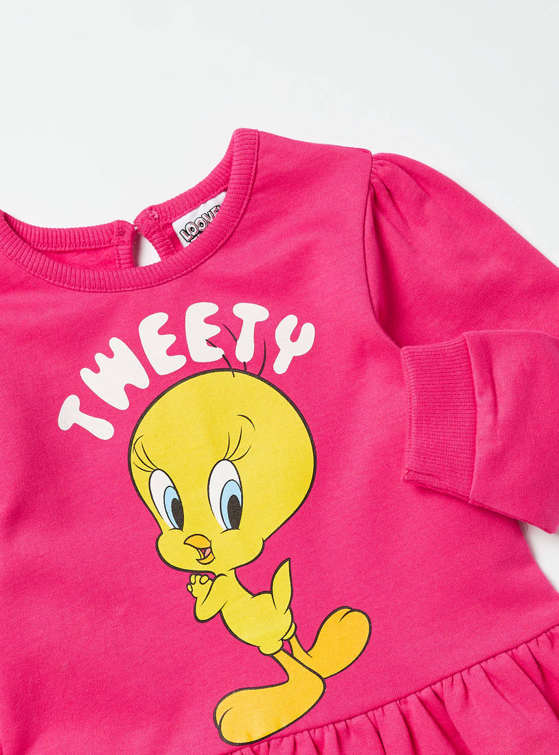 Tweety Print Sweat Dress with Long Sleeves and Button Closure-Casual Dresses-image-1