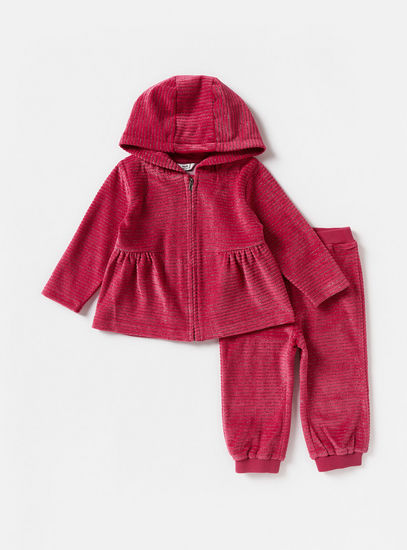 Striped Zip Through Velour Lurex Jacket with Hood and Joggers Set-Sets & Outfits-image-0