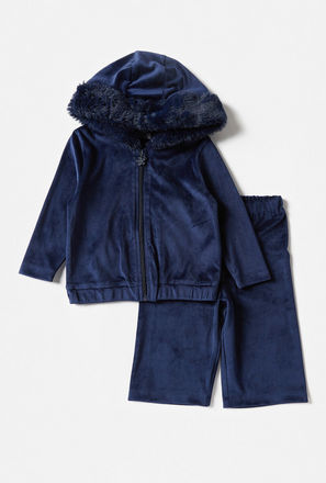 Solid Velour Zip Through Hooded Jacket and Shorts Set