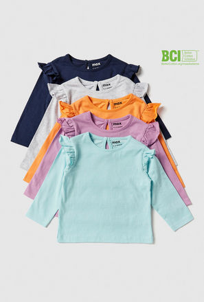 Set of 5 - Solid T-shirt with Frill Detail Long Sleeves and Round Neck