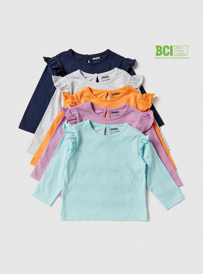 Set of 5 - Solid BCI Cotton T-shirt with Frill Detail Long Sleeves