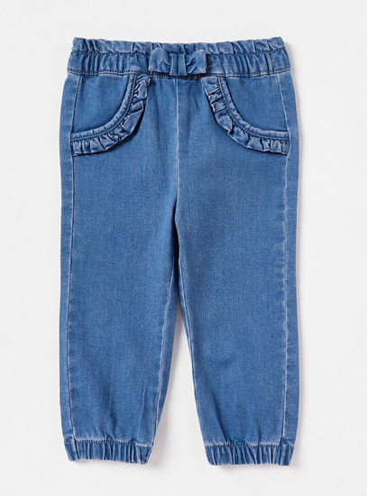 Solid Jeans with Elasticated Waistband and Ruffle Trim