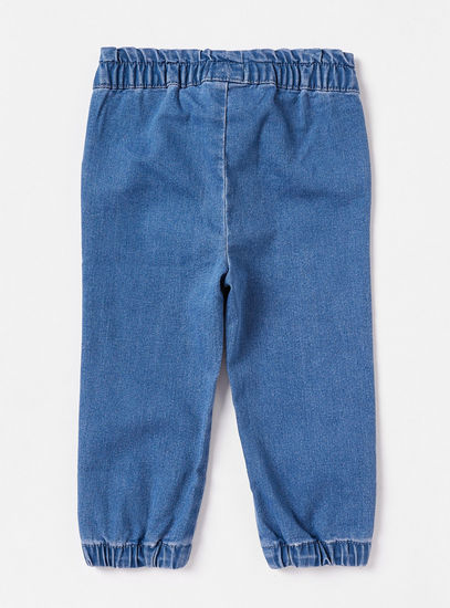 Solid Jeans with Elasticated Waistband and Ruffle Trim