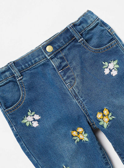Floral Embroidered Jeans with Button Closure and Pockets