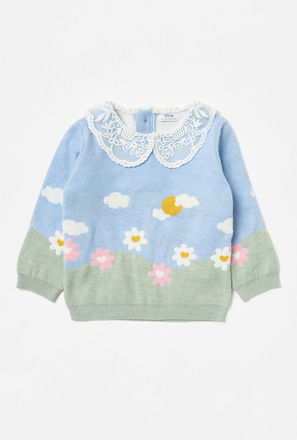 Landscape Print Long Sleeves Sweater with Lace Peter Pan Collar