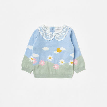 Landscape Print Long Sleeves Sweater with Lace Peter Pan Collar