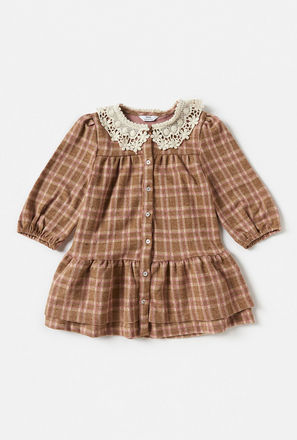 Checked Drop Waist Dress with Lace Collar and Long Sleeves