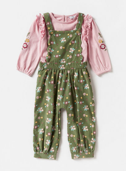 Floral Print Dungaree and Embroidered Top Set-Sets & Outfits-image-0