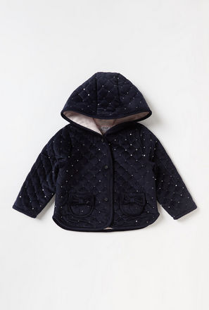 Embellished Hooded Jacket with Pockets and Button Closure