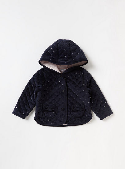 Embellished Hooded Jacket with Pockets and Button Closure