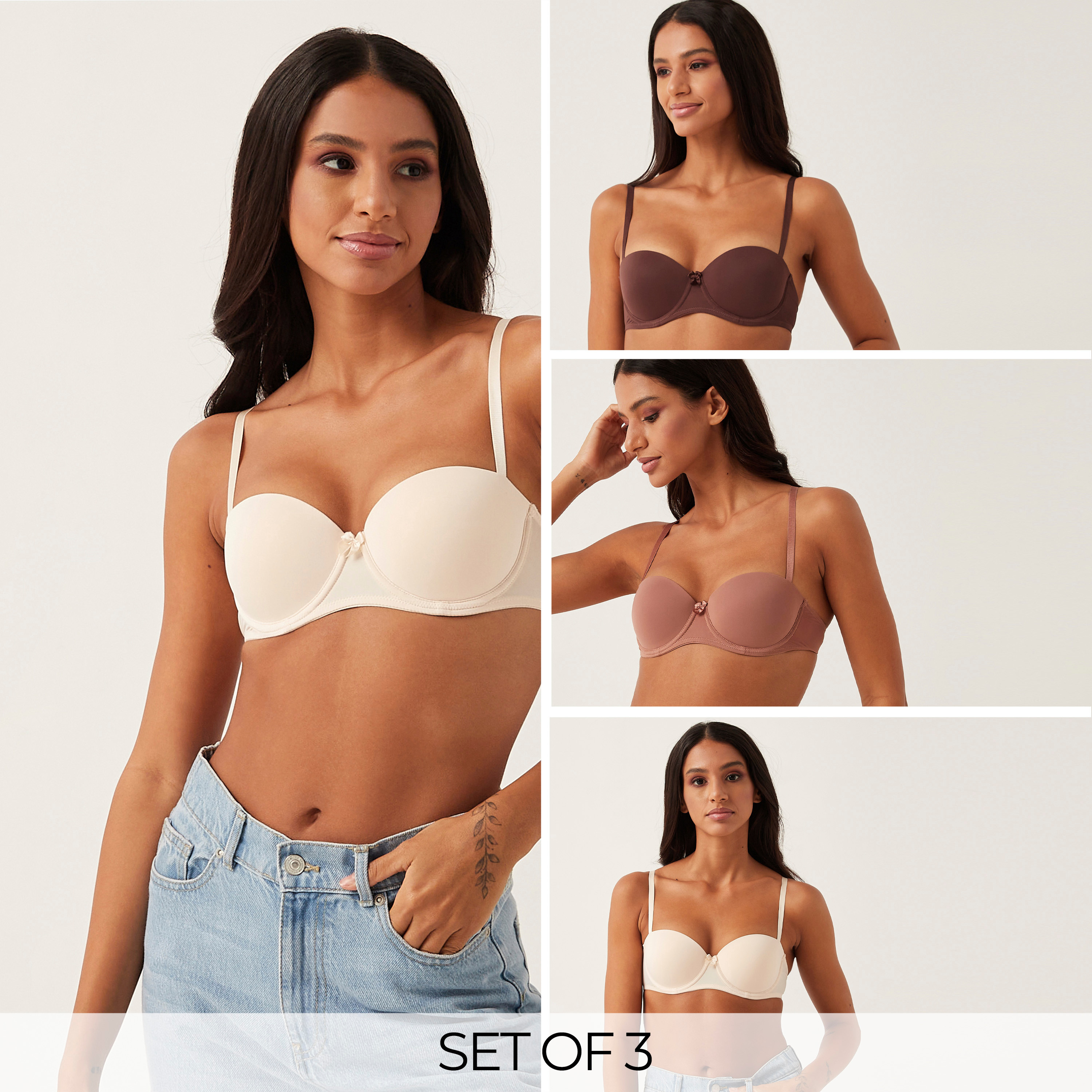 Pack of 3 - Plain Padded Balconette Bra with Adjustable Straps