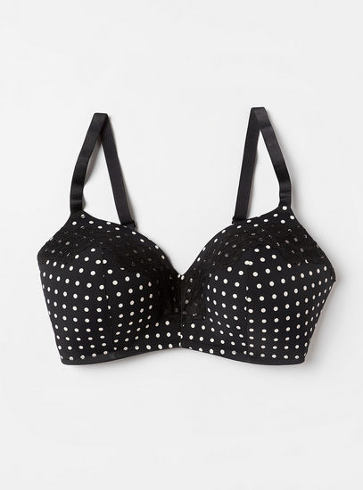 Polka Dot Print Padded Underwired Bra with Lace Detail