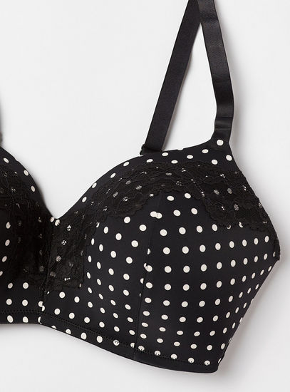Polka Dot Print Padded Underwired Bra with Lace Detail-Bras-image-1