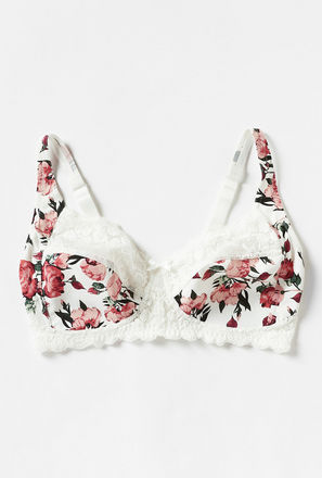 Floral Print Lace Bra with Hook and Eye Closure and Bow Applique