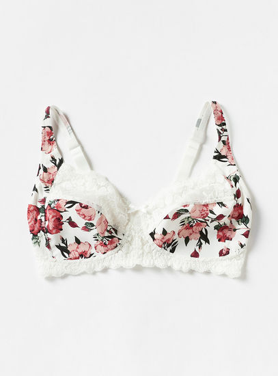 Floral Print Lace Bra with Hook and Eye Closure and Bow Applique