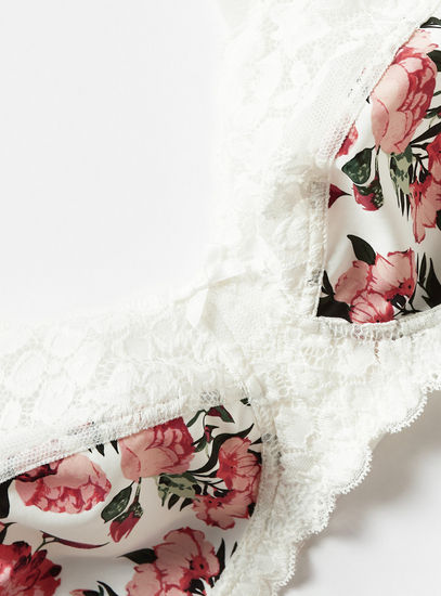 Floral Print Lace Bra with Hook and Eye Closure and Bow Applique-Bras-image-1