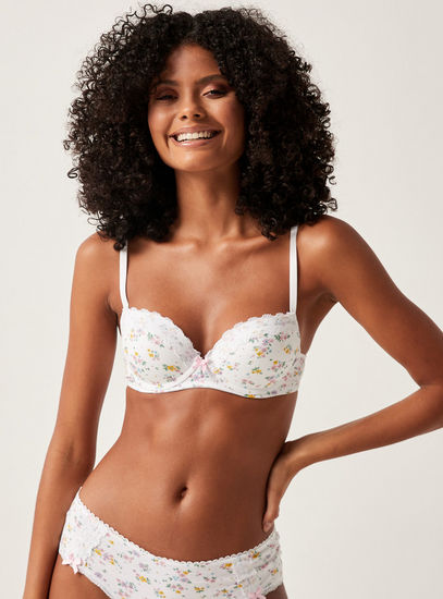 Floral Print Demi Bra with Lace Detail and Adjustable Straps
