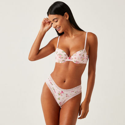 Floral Print Demi Bra with Adjustable Straps and Bow Detail