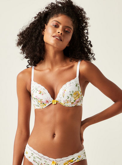 Floral Print Underwired Non-Padded Plunge Bra with Lace Detail 