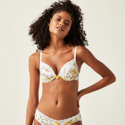 Floral Print Underwired Non-Padded Plunge Bra with Lace Detail 