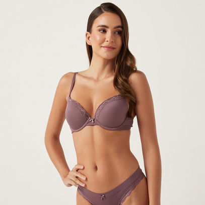 Ribbed Plunge Bra with Lace Trim and Hook and Eye Closure