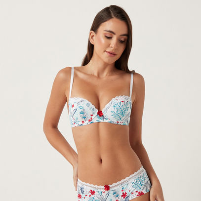 Floral Print Padded Demi Bra with Adjustable Straps