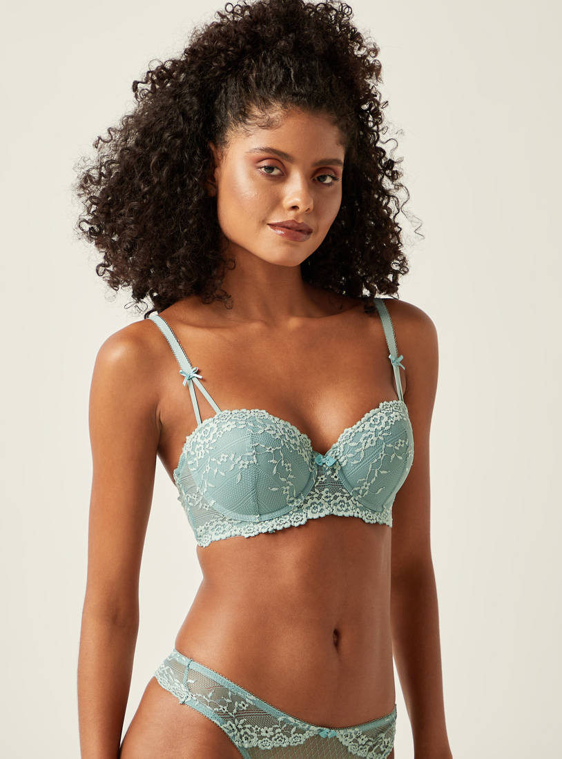 Lace Textured Balconette Bra with Adjustable Straps-Bras-image-1