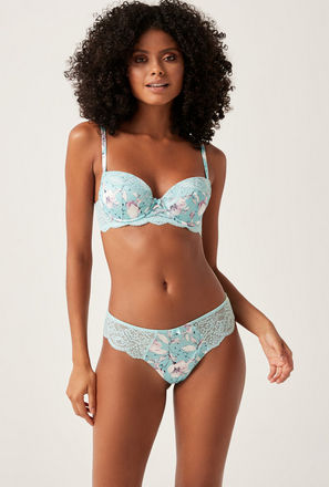 Floral Print Padded Underwired Demi Bra with Hook and Eye Closure
