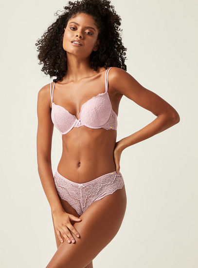 Textured Underwired Plunge Bra with Lace Detail and Hook and Loop Closure