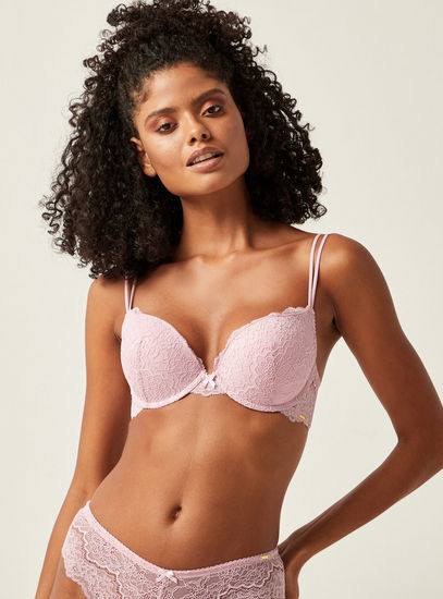 Textured Underwired Plunge Bra with Lace Detail and Hook and Loop Closure