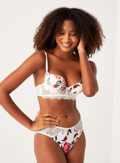 Floral Print Padded Plunge Bra with Hook and Eye Closure
