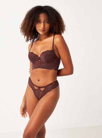 Lace Detail Padded Underwired Demi Bra with Hook and Eye Closure