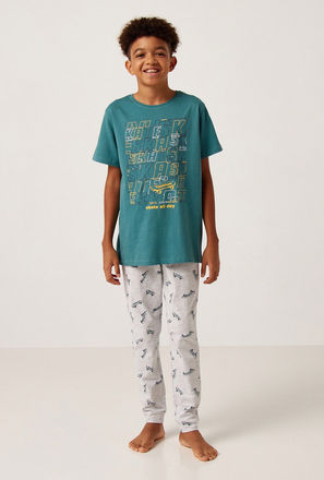 Skateboard Print Round Neck T-shirt and Pyjama Set