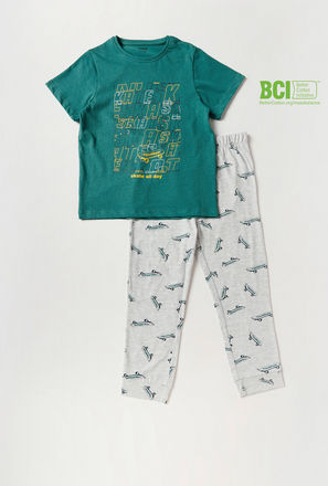 Skate Print Round Neck T-shirt and Full Lenth Pyjama Set