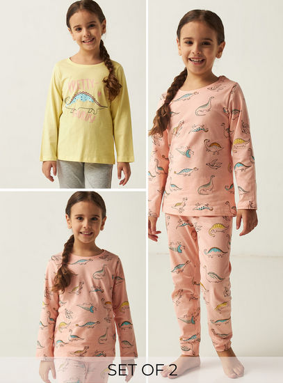 Set of 2 - Dinosaur Print Long Sleeve T-shirt and Pyjama Set
