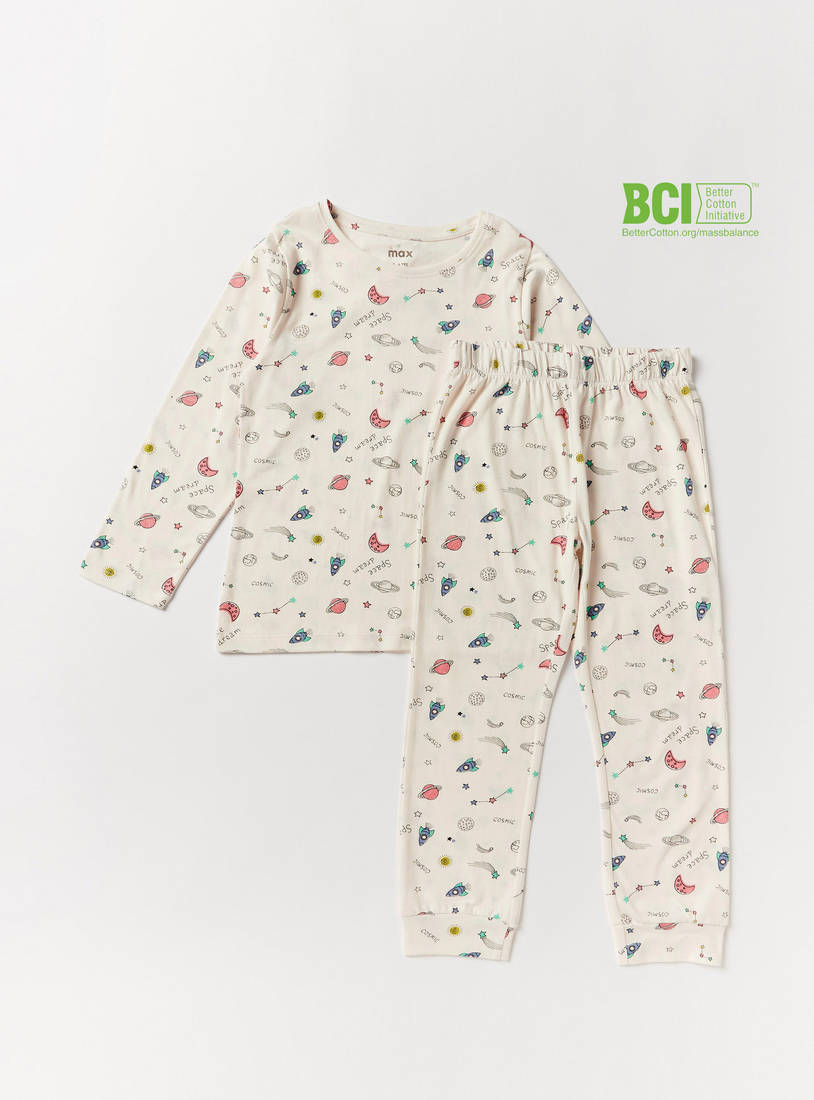 Galaxy Print BCI Cotton Round Neck T-shirt and Pyjama Set-Pyjama Sets-image-0