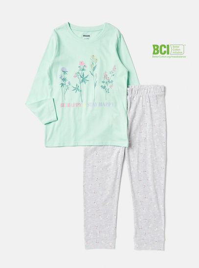 Floral Print BCI Cotton Round Neck T-shirt and Pyjama Set