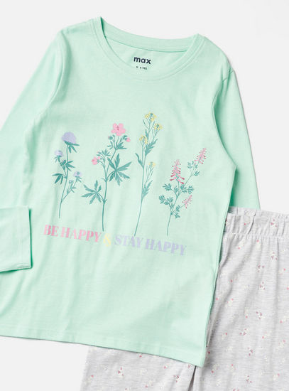 Floral Print BCI Cotton Round Neck T-shirt and Pyjama Set