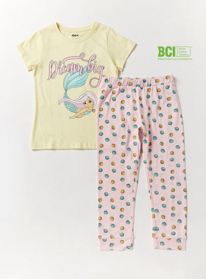 Mermaid Print BCI Cotton Round Neck T-shirt and Pyjama Set