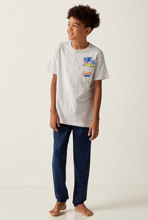Printed Henley T-shirt and Solid Pyjama Set