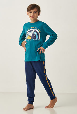 Space Print Round Neck T-shirt and Full Length Pyjama Set