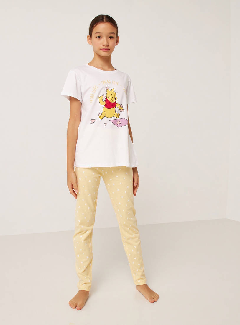 Winnie the Pooh Print Round Neck T-shirt and Pyjama Set-Pyjama Sets-image-0