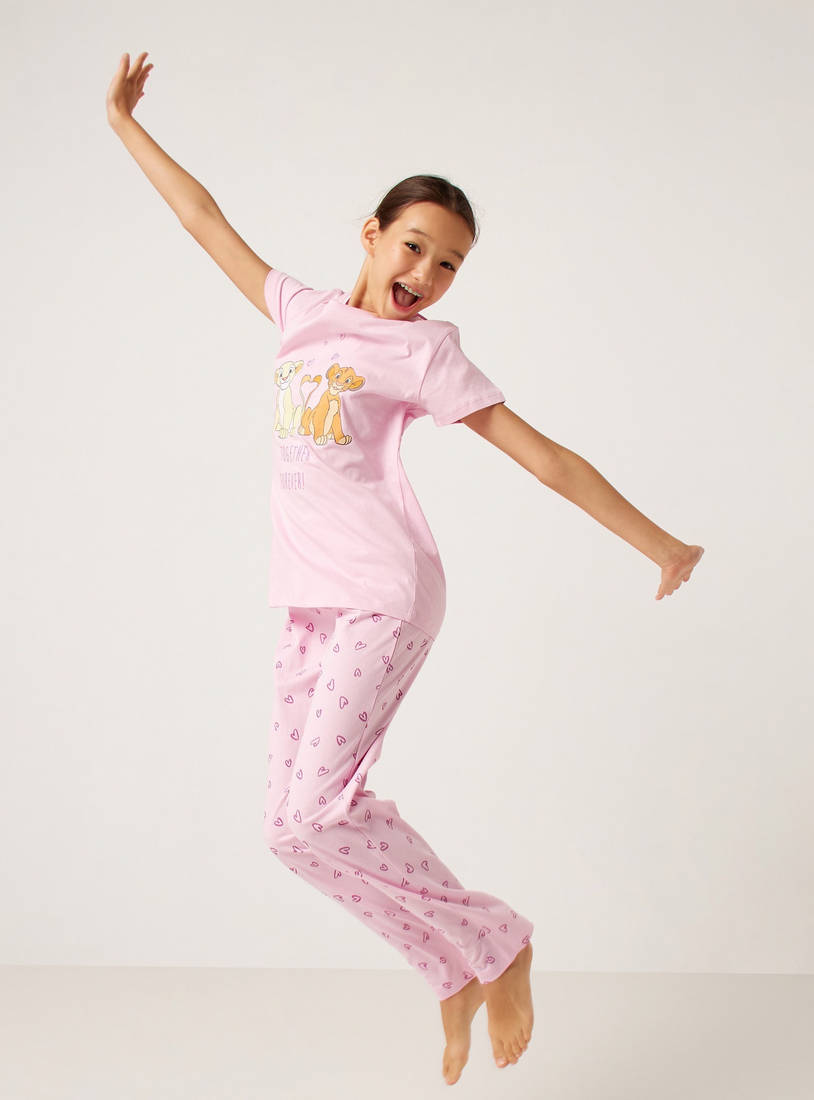 Lion King Print Round Neck T-shirt and Pyjama Set-Pyjama Sets-image-0