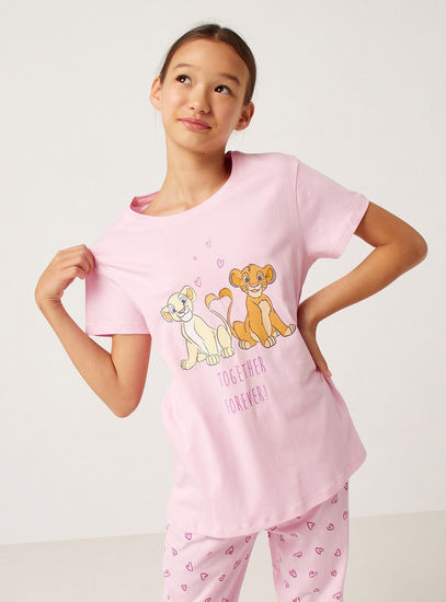 Lion King Print Round Neck T-shirt and Pyjama Set