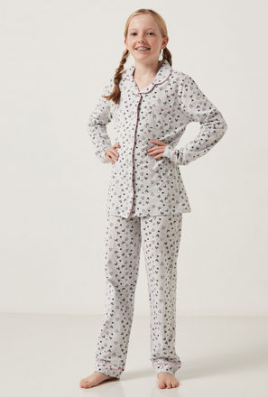 All-Over Heart Print Long Sleeves Shirt and Elasticated Pyjama Set