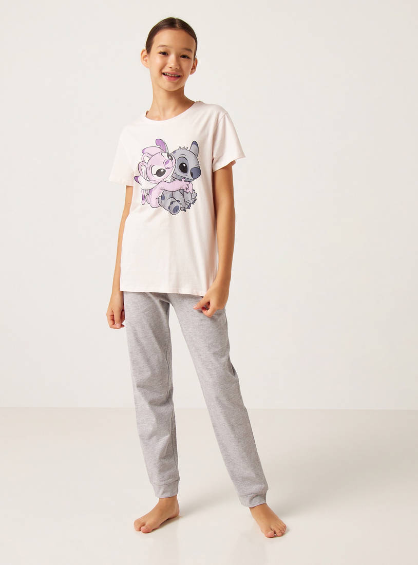 Lilo & Stitch Print Round Neck T-shirt and Full Length Pyjama Set-Pyjama Sets-image-0